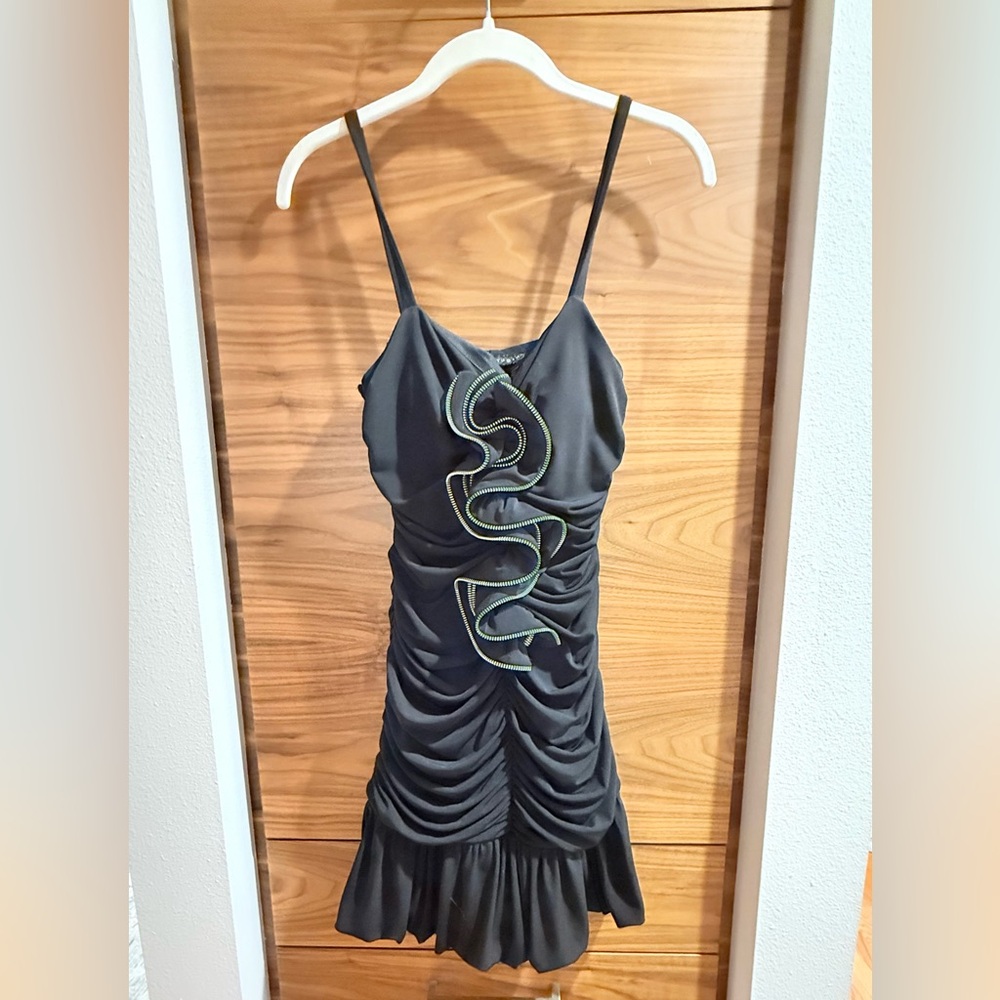 Elegant Black Ruched Dress with Silver Zipper Accents